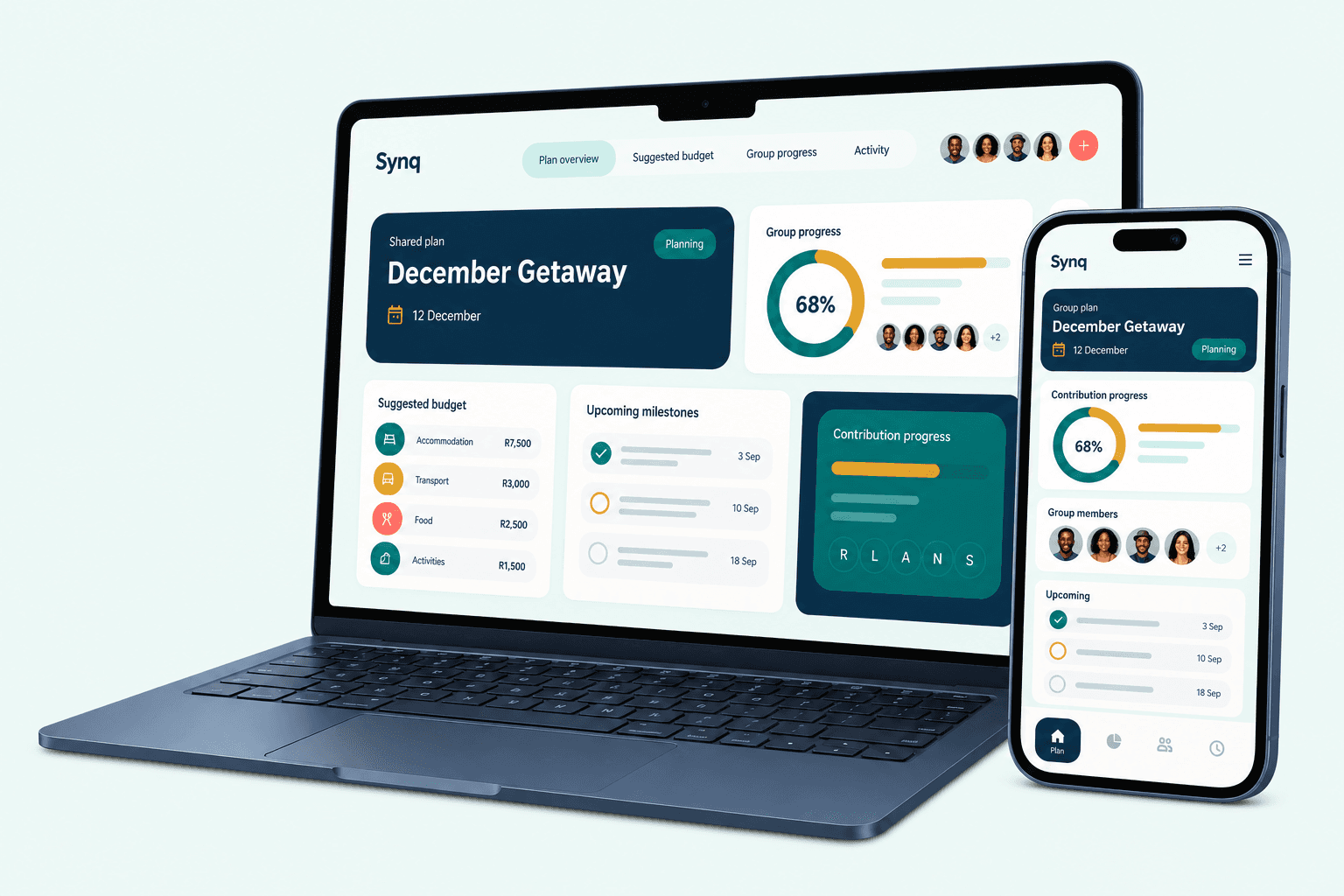 Synq group-planning dashboard displayed on a laptop and mobile phone.